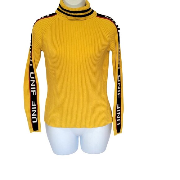 UNIF Women's Yellow Badsport Turtleneck Sweater L Stretchy Ribbed Rainbow Tag St - Picture 1 of 7